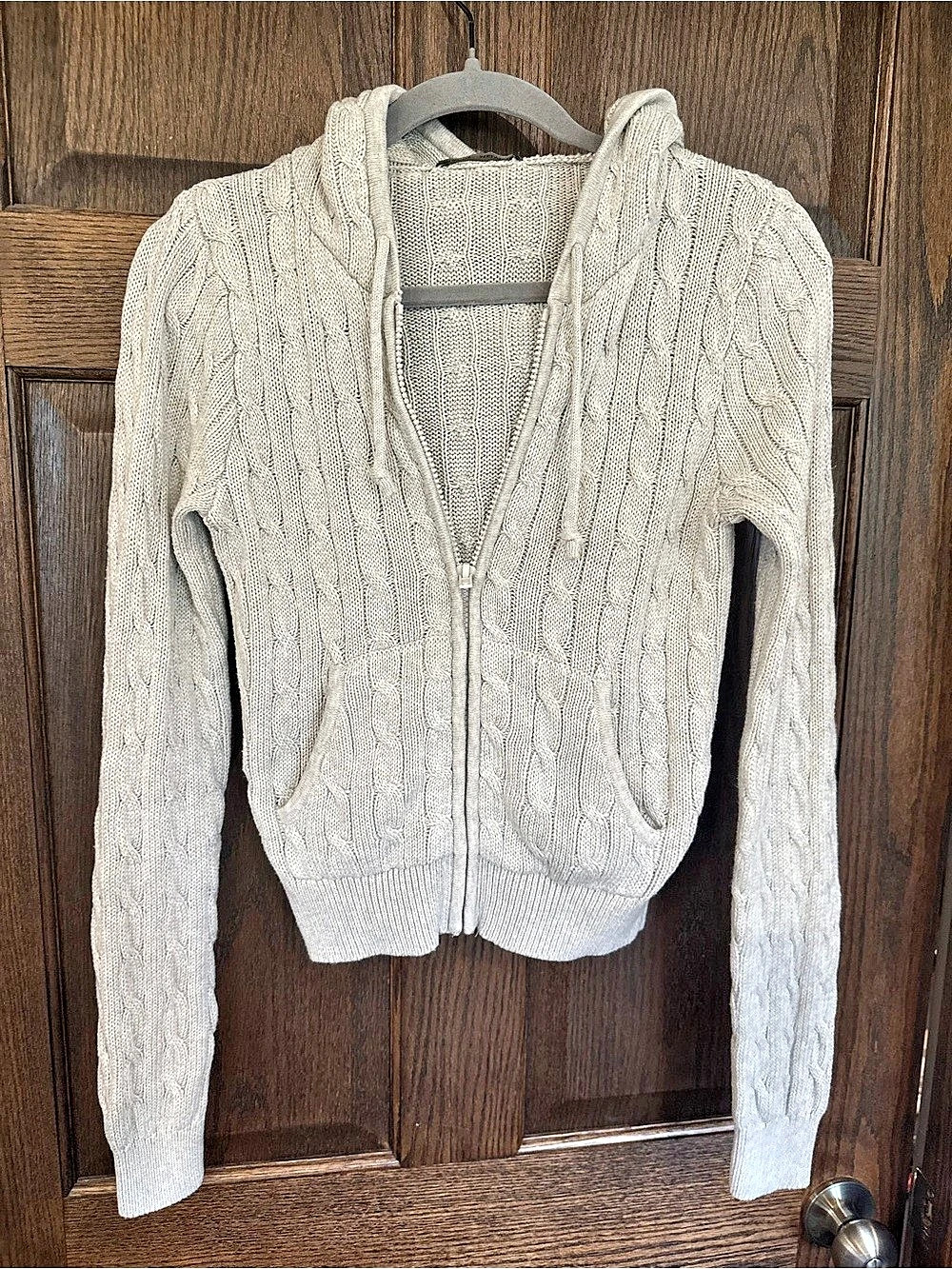 Brandy Melville Ayla Cable Knit Hoodie Cable Knit Cardigan Sweater Light Gray